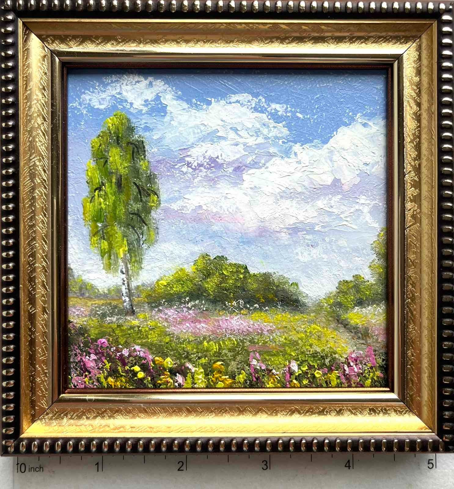 Village Original Oil Painting Landscape Wildflowers Small Wall Art 4 x 4 in