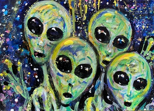 Original ACEO Painting ALIEN Spaceship Stars ET Martian Universe UFO ATC ART