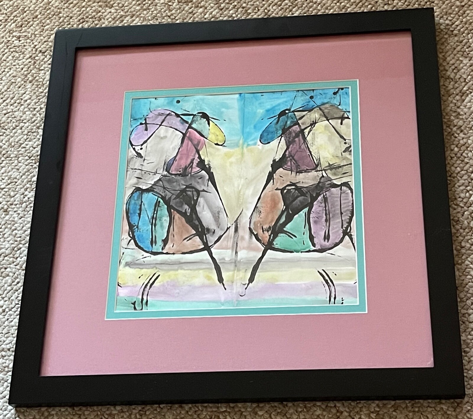 Vintage Framed Abstract Shapes Figures Watercolor Painting Modern Wall Hanging