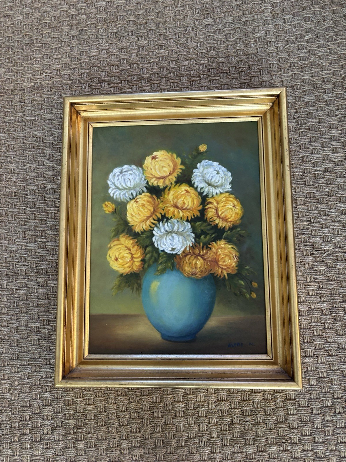 VTG Signed Oil Painting Yellow & White Chrysanthemums In Blue Pottery Vase MCM