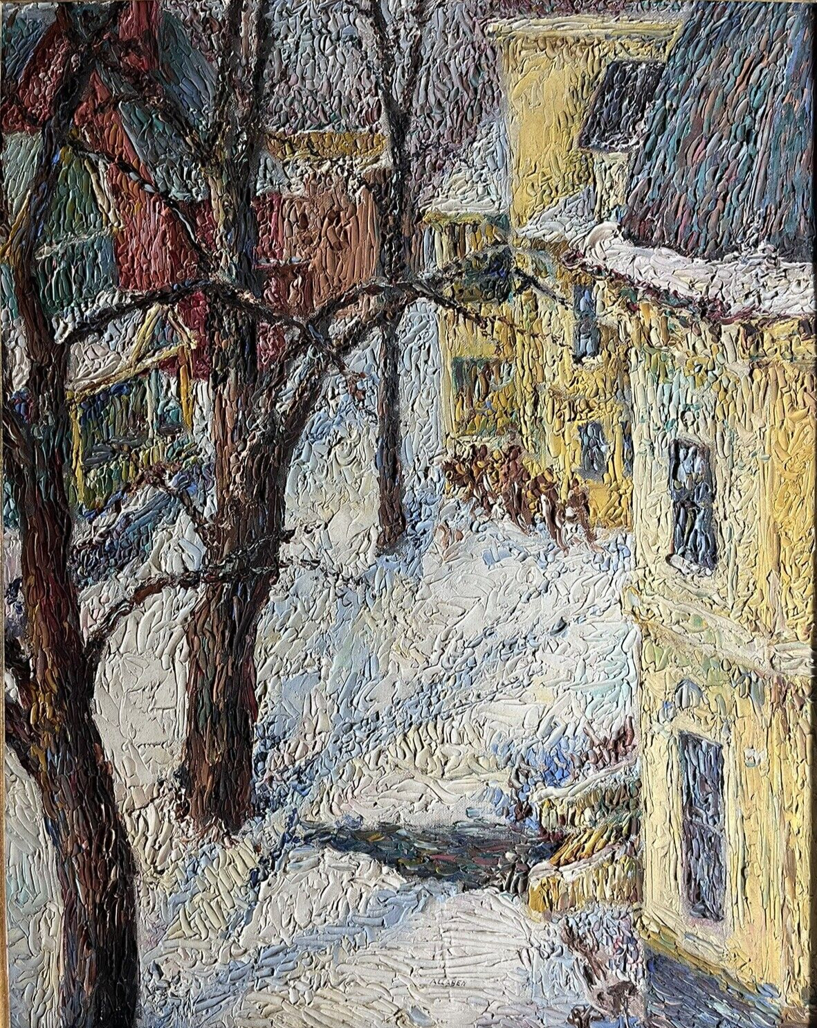 ORIGINAL TEXTURED AMERICAN TOWN ANTIQUE WINTER SNOW VINTAGE LANDSCAPE PAINTING