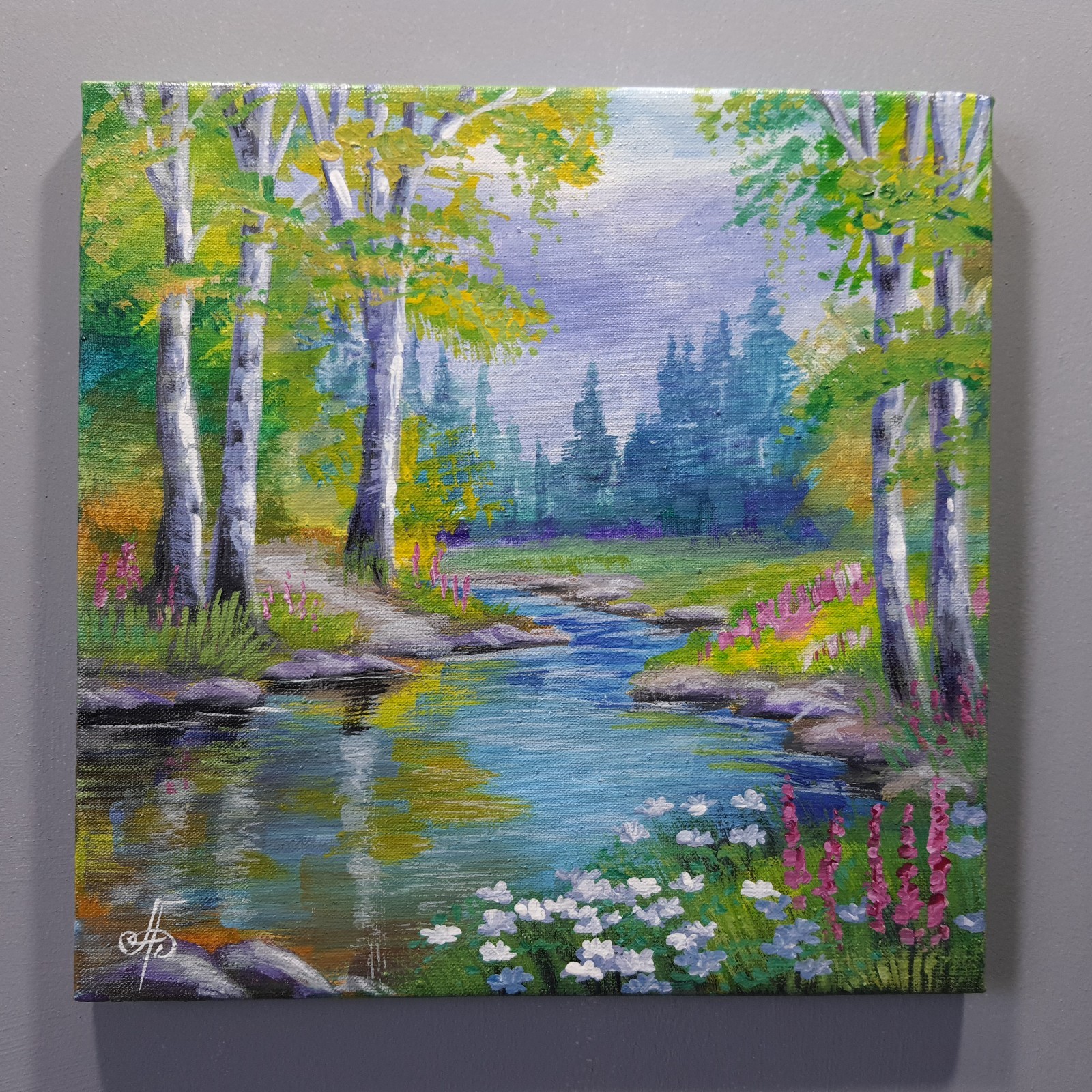 Summer Peace Landscape Acrylic Painting River Forest Nature Canvas Artwork 8×8