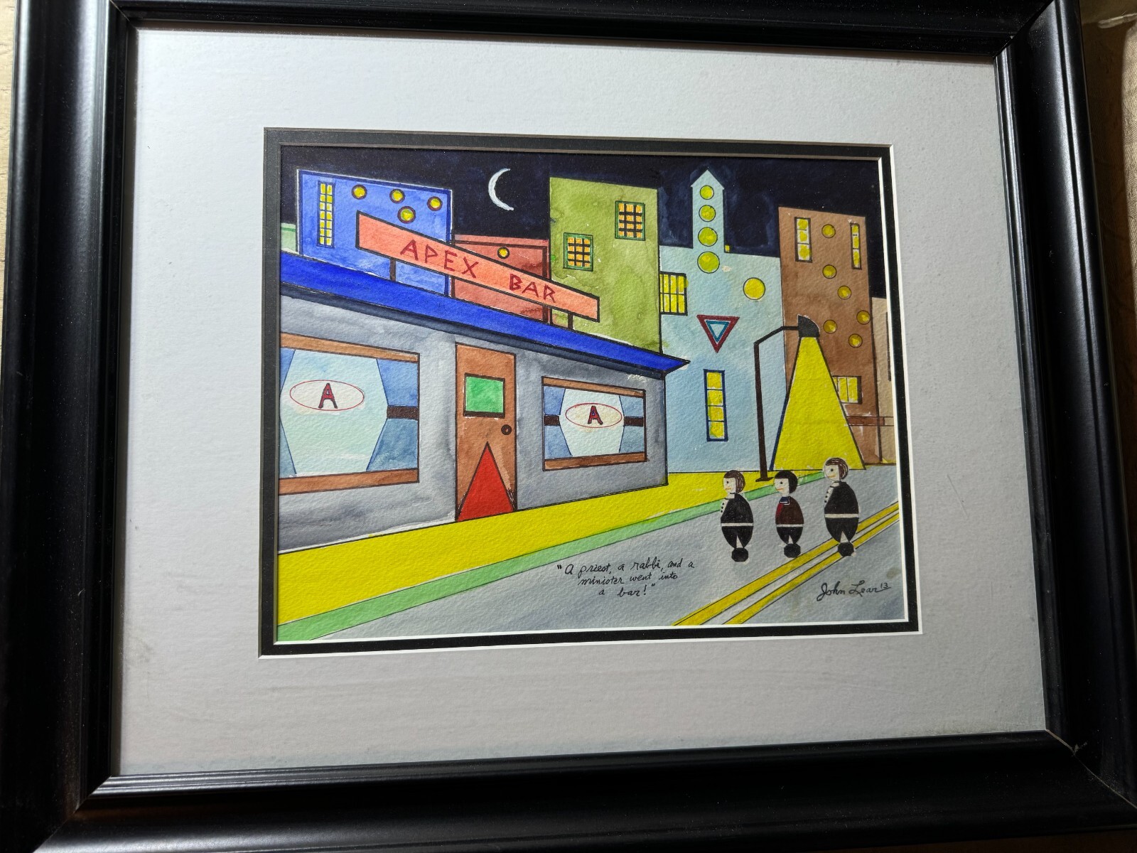 John L Lear «A Priest, A Rabbi And A Minister…..» Watercolor Artwork – Framed
