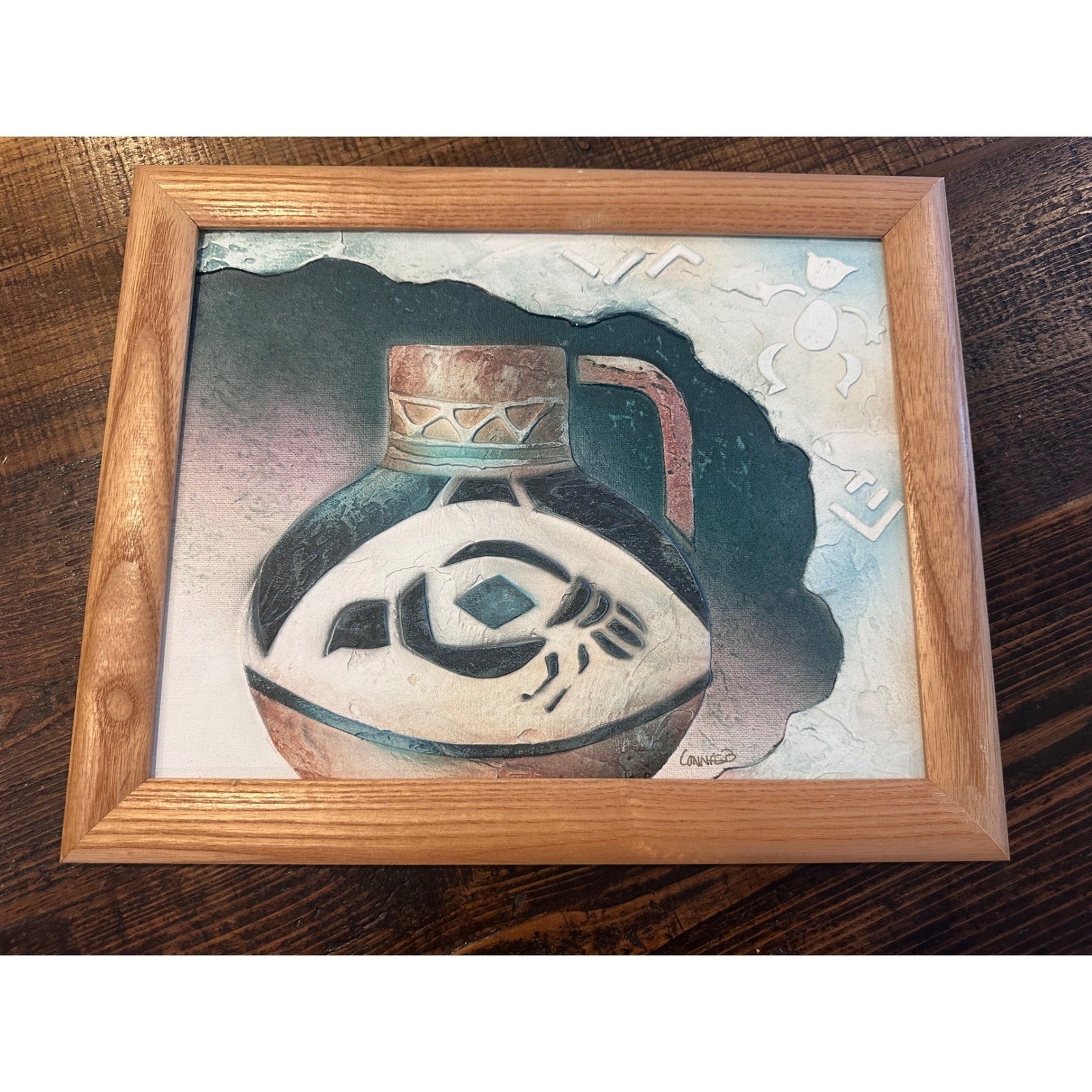 Connie Baker Pueblo Quail Native American Style Framed Stucco Art 15×12