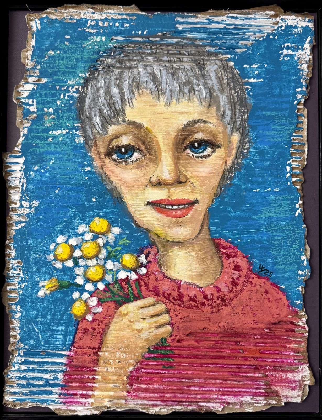 Original Mixed Media Painting Portrait Contemporary Art 11 x 14″ Framed Flowers
