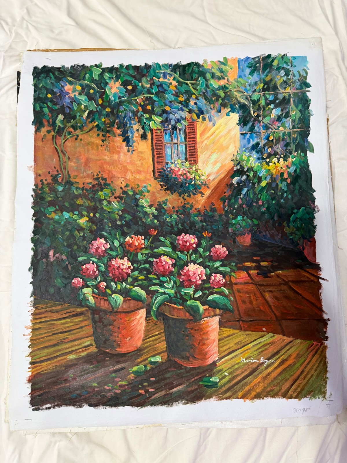 Original Garden Patio Flower Oil Painting Signed Marion Boyce Art
