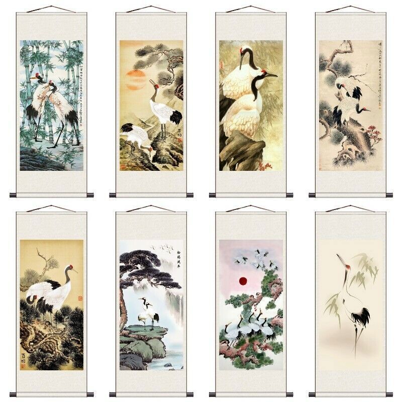 1PC Asian Silk Scroll Painting Crane Feng Shui Wall Hanging Artwork Framed