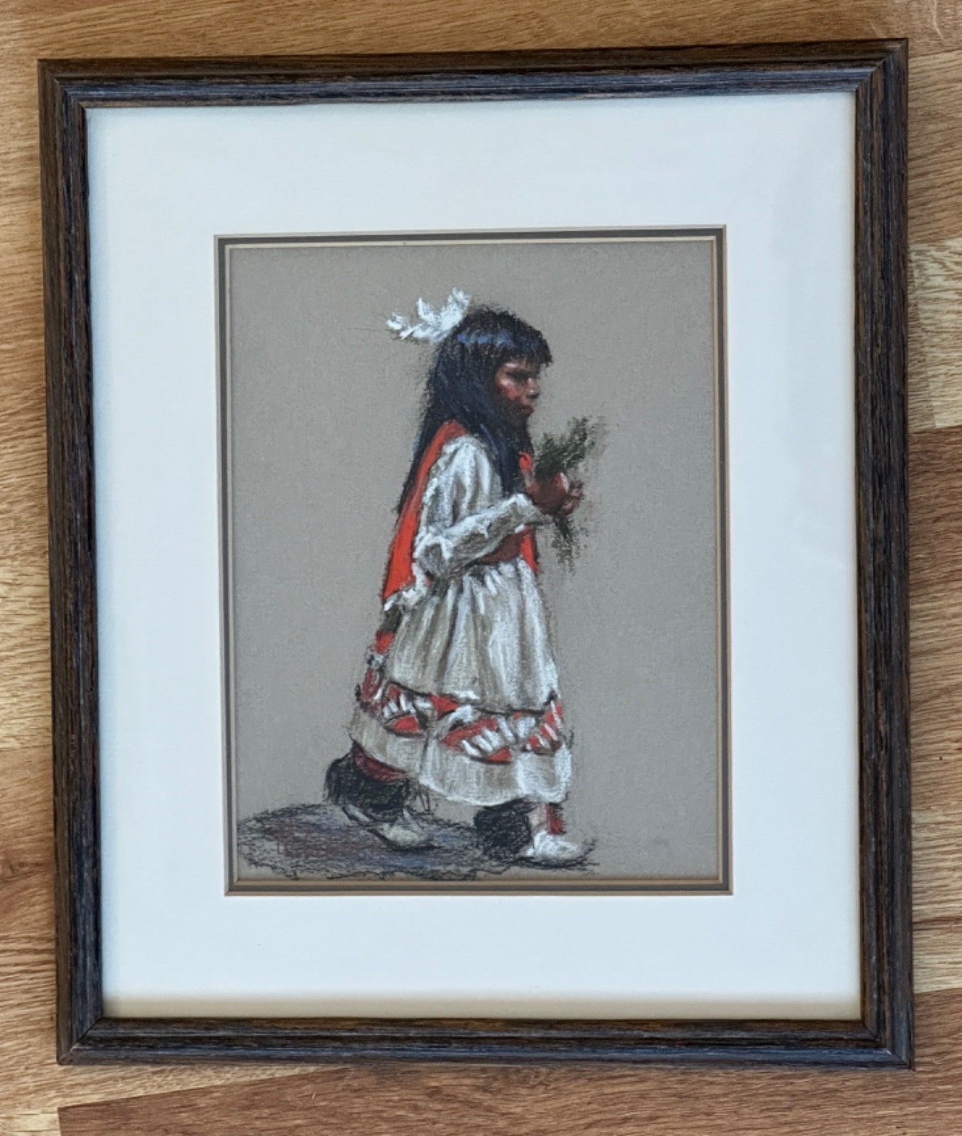 MARIAN COBBETT ORIGINAL SANTA CLARA PUEBLO DANCER PASTEL ART FRAMED 14″ x 12″