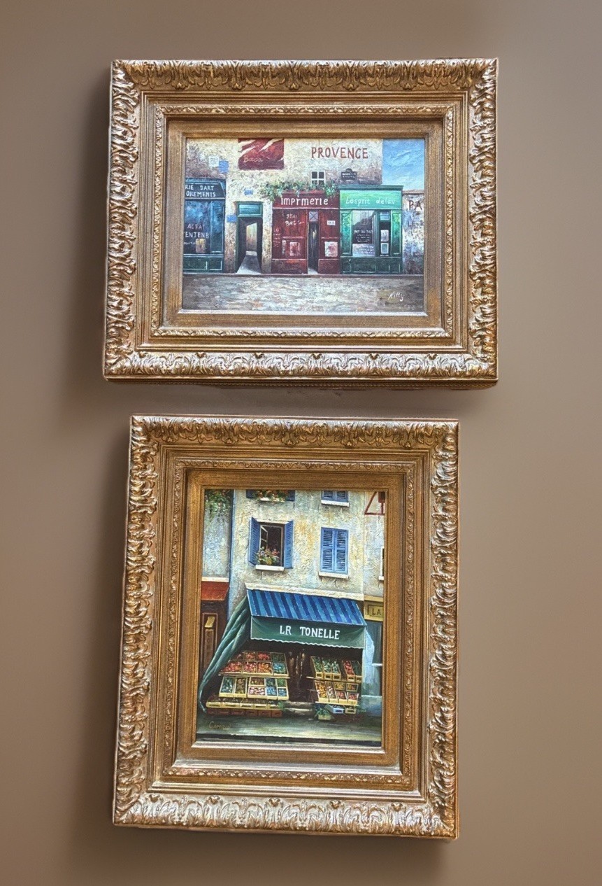VTG Colorful French Village Business Fronts, 2 Acrylic Paintings Original Signed