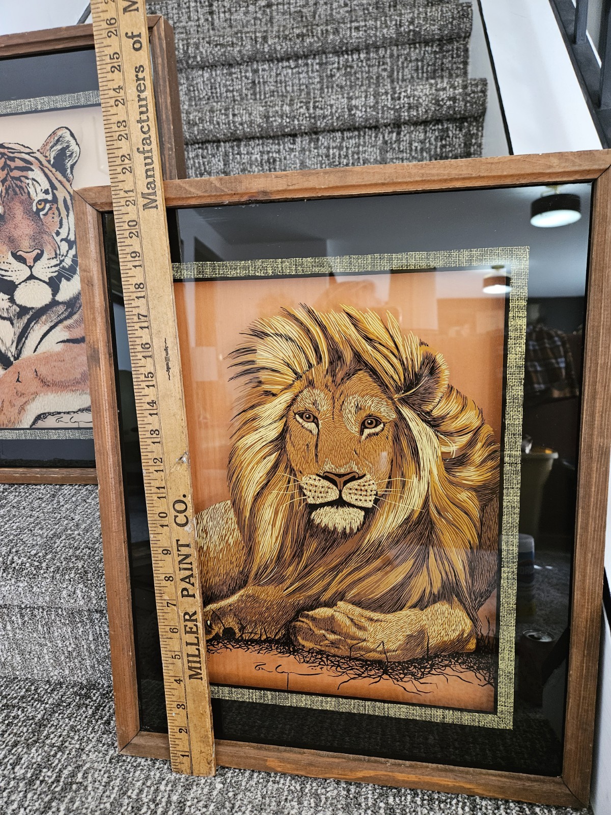 Rare 2 Framed Reverse On Glass Tiger Lion Lulu’s Inc Vintage 77′ Wall Art Retro