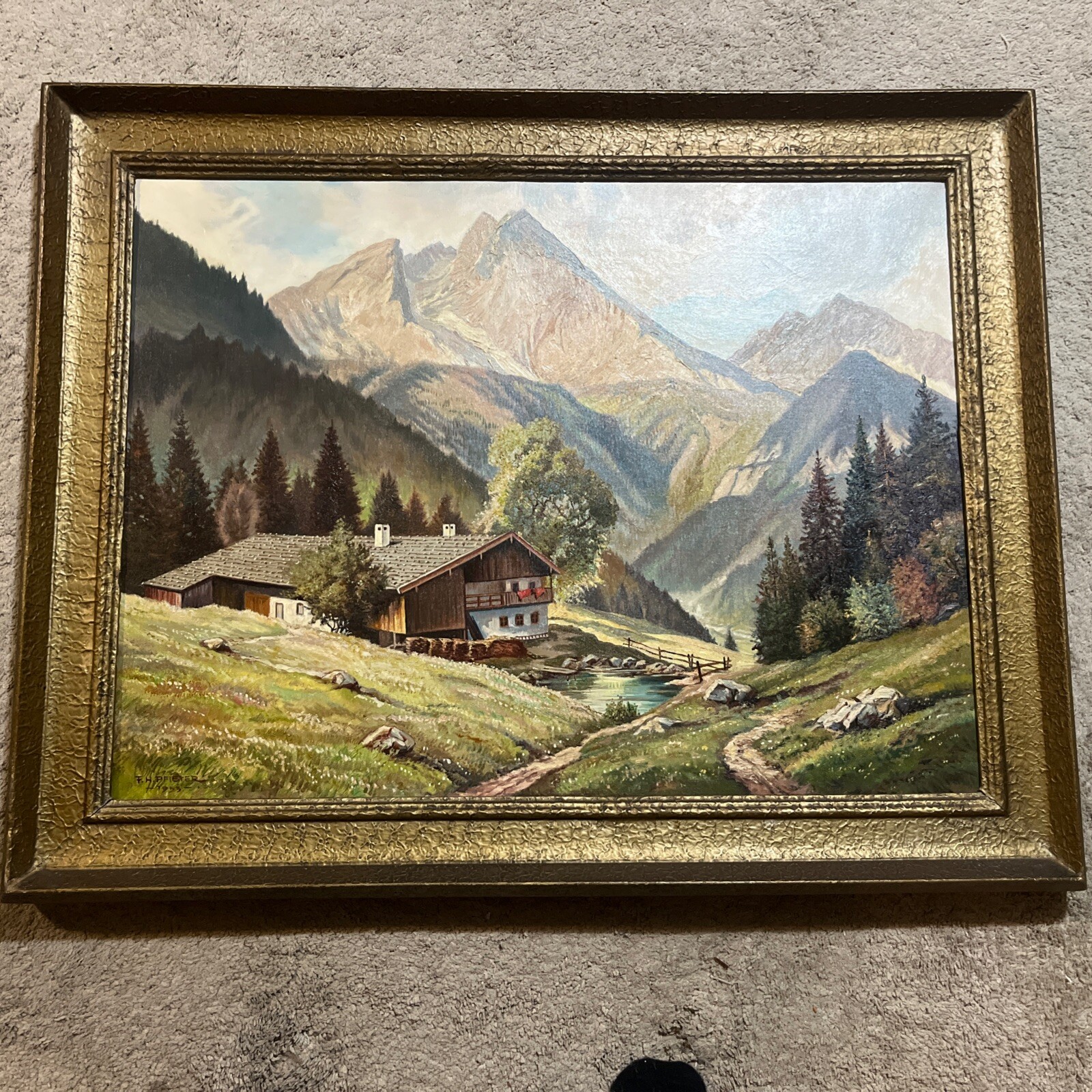 Vintage 1953 FH Pfister Oil Painting on Canvas, Framed 37”x 30” Germany Orig
