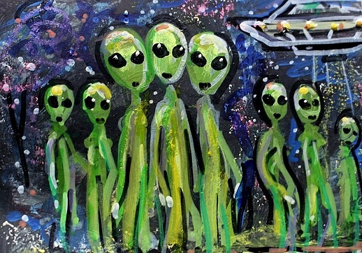 Original ACEO Painting ALIEN Spaceship Stars ET Martian Universe UFO ATC ART