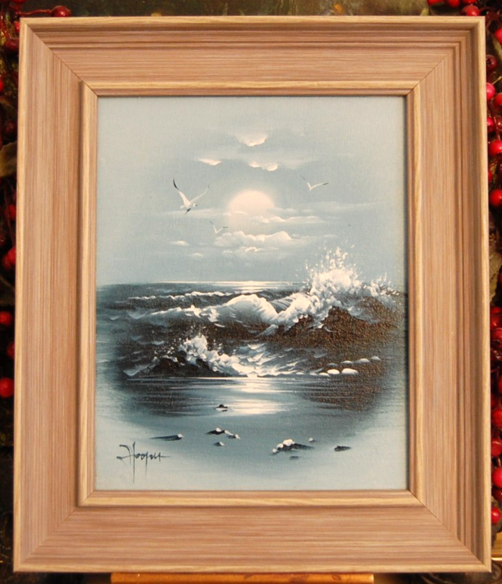 VTG 70’S FRAMED ORIGINAL OIL FOAMY WAVES & SEAGULLS NIGHT SEASCAPE ARTIST HOOPER