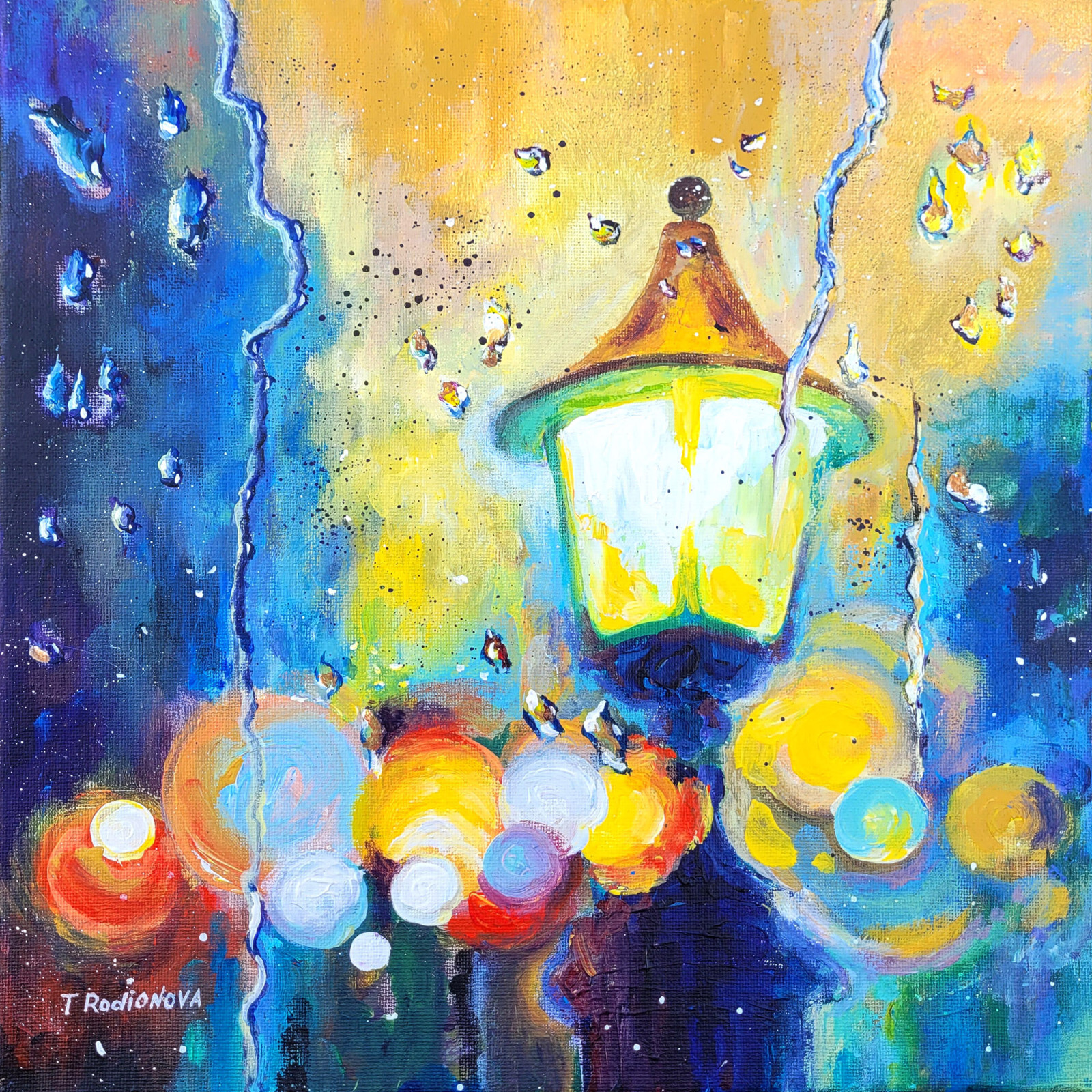 original acrylic painting Rainy city New York on stretched canvas 12×12 in