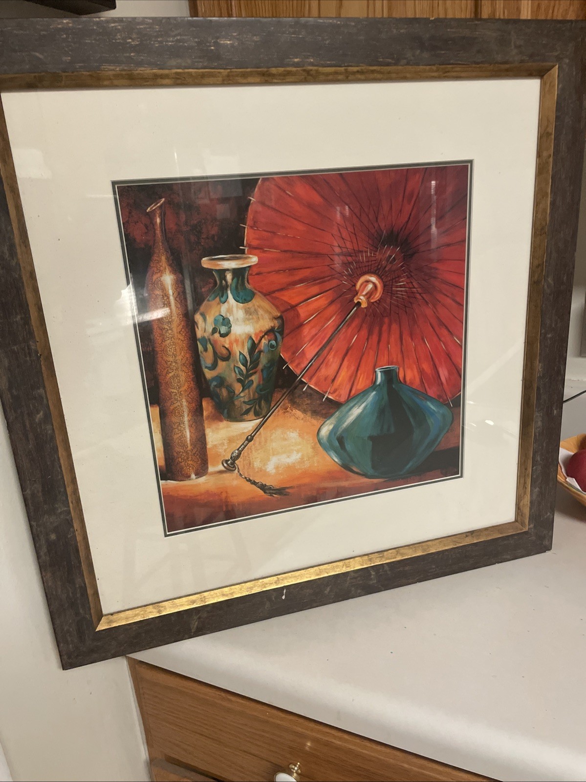 Zen Contemporary Art Print- Vases & Umbrella-Asian Realism. Framed 22.25” X22.2