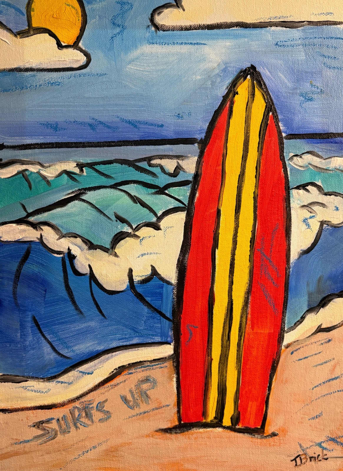 Surfboard Beach Painting Original Coastal Ocean Wave Acrylic Wall Art Decor