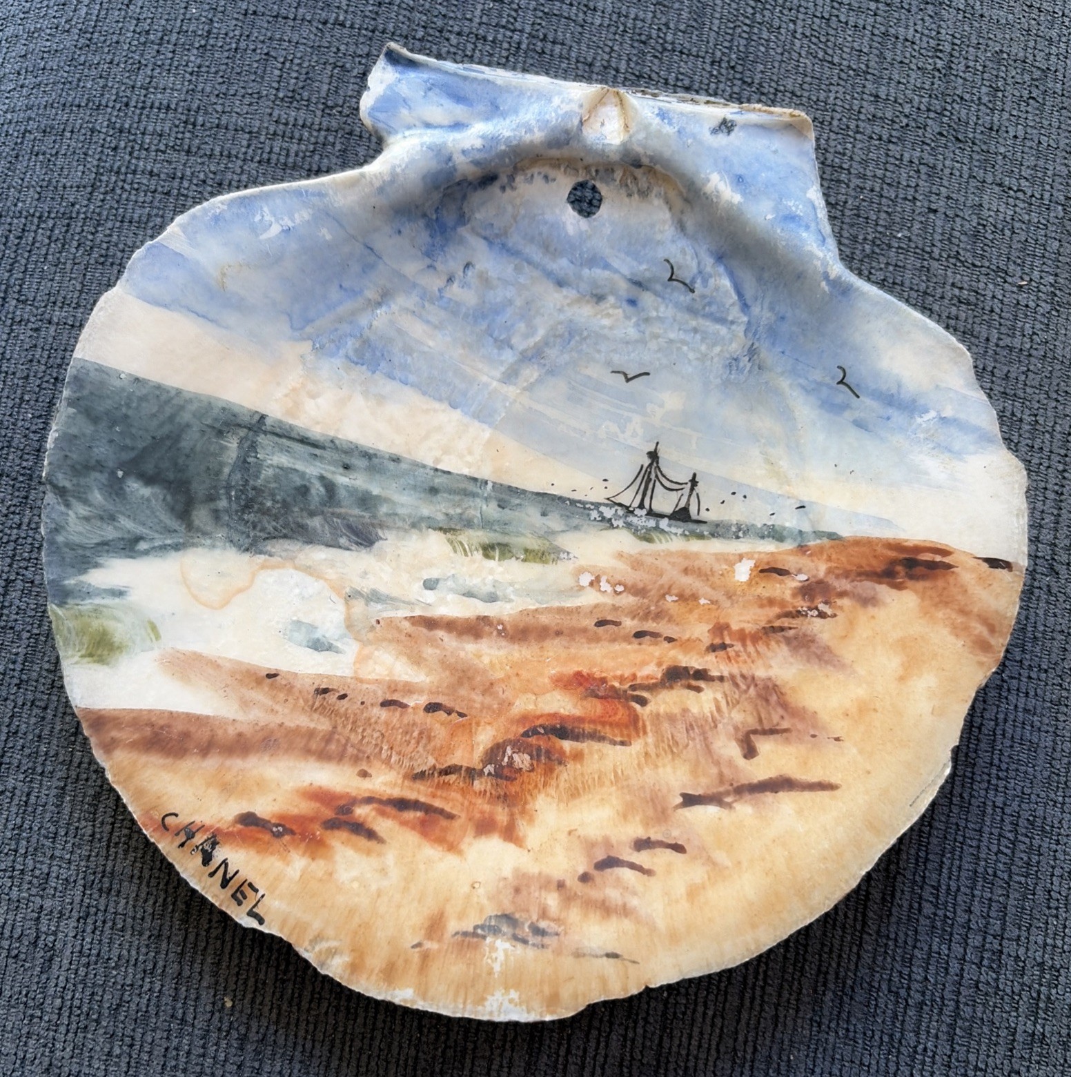 Vintage Art Hand Painted Shell Signed Chanel