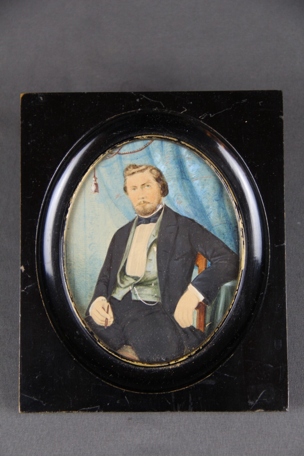 Painting small portrait man suit student around 1860 Wilhelminian period miniature painting