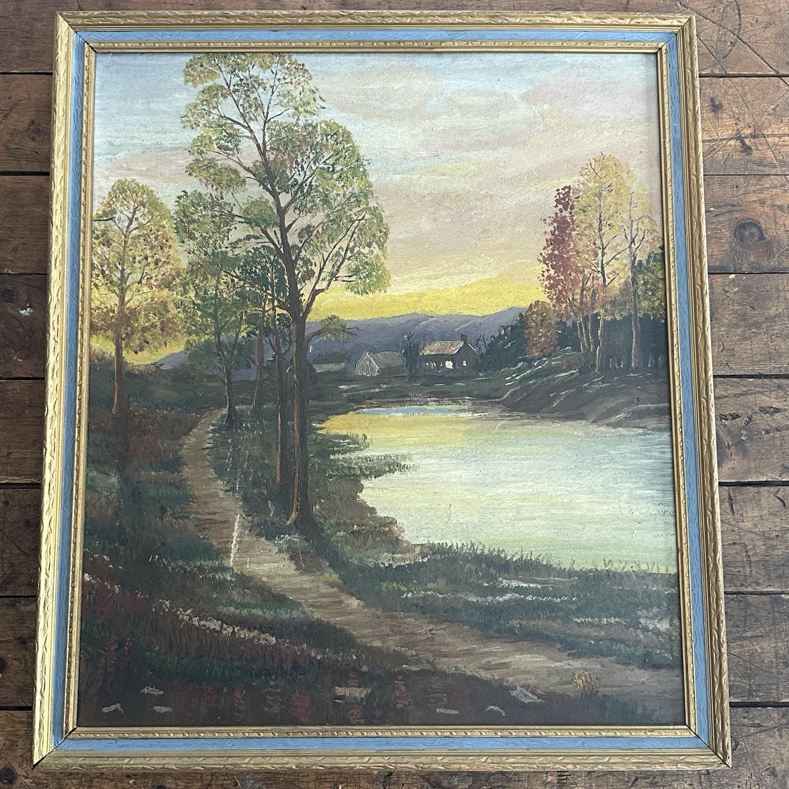 Vintage Framed Oil On Board Landscape Painting Sunset Farmhouse Lake Cottage Art