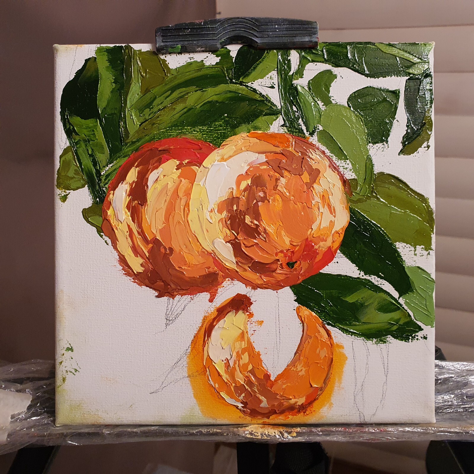 Orange Painting Tree Branch Original Art Citrus Fruit Still Life Small Vegetable