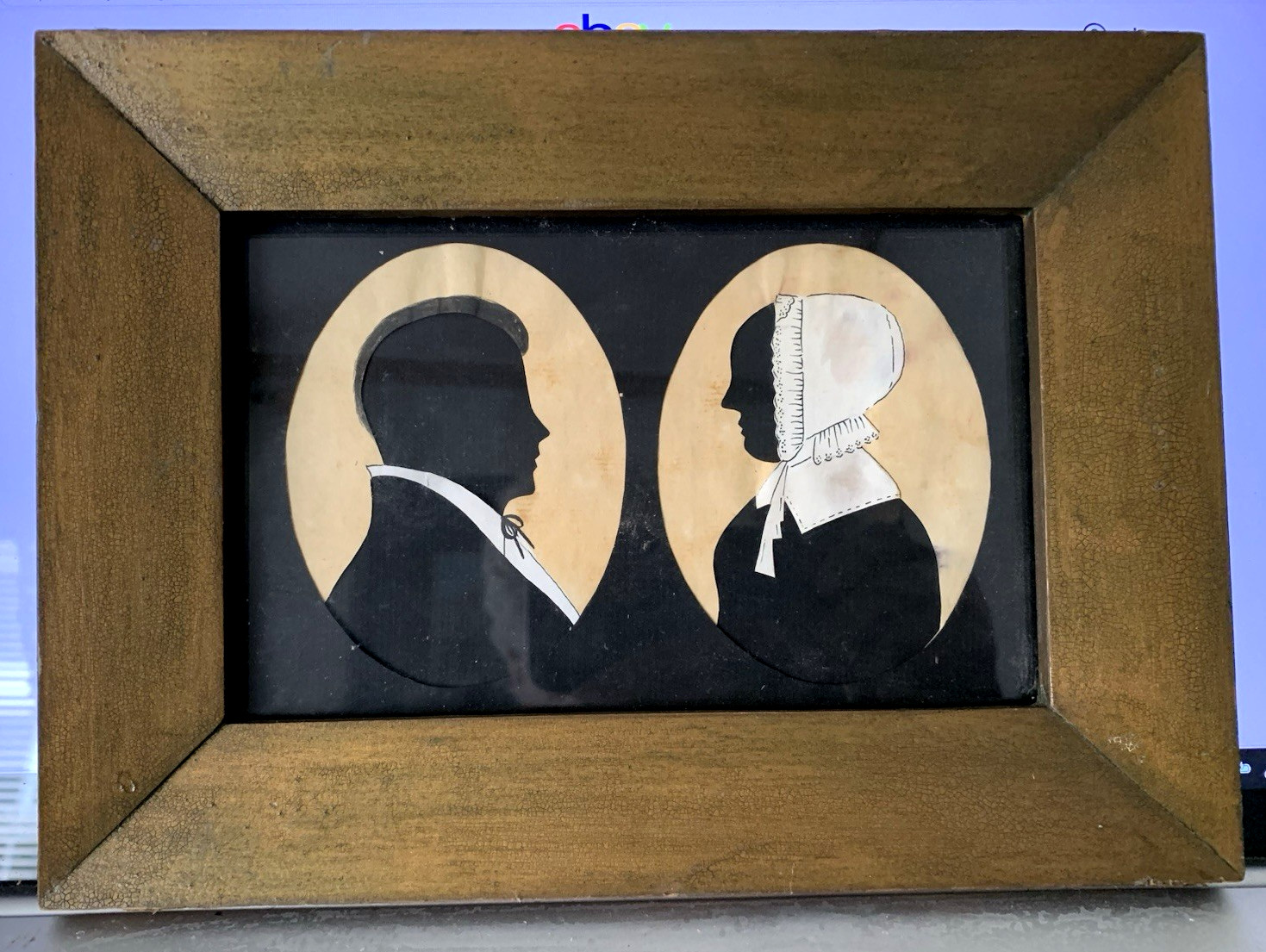 Vintage Primitive American Folk Art Double Silhouette Couple Framed 10.5X7.5″