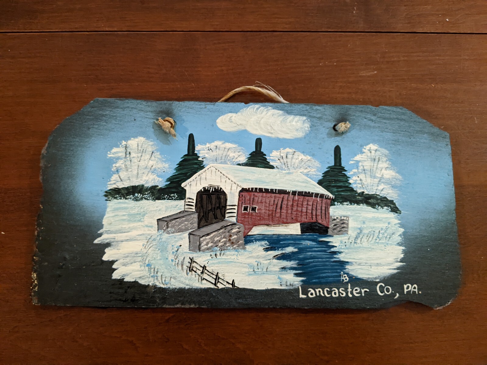 Slate Flagstone Lancaster PA Winter Scene Covered Bridge Painting
