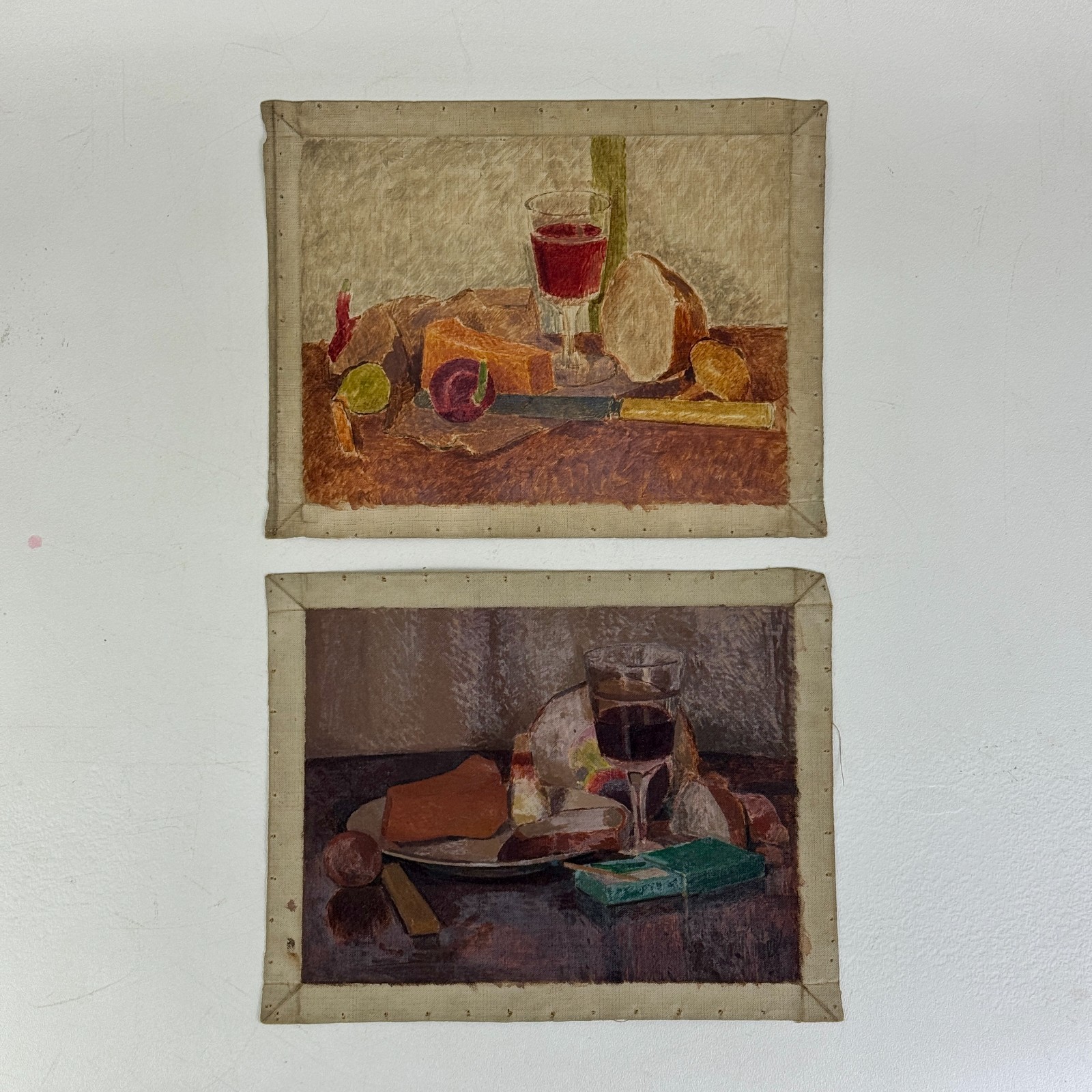 Set of 2 Vintage Unstretched Oil/Canvas Still Life’s Of Fruit Bread & Wine