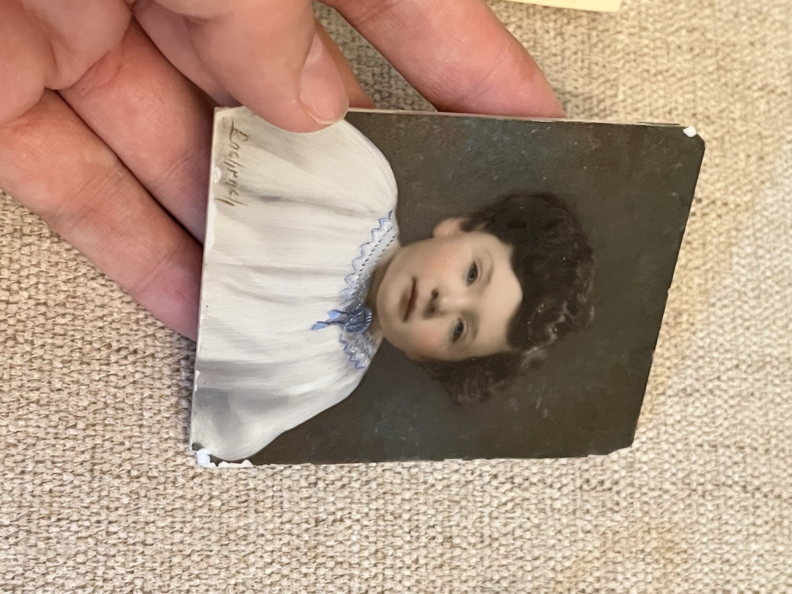 Antique 1920’s Portrait Miniature Toddler On Milk Glass With Easel By Bachrach