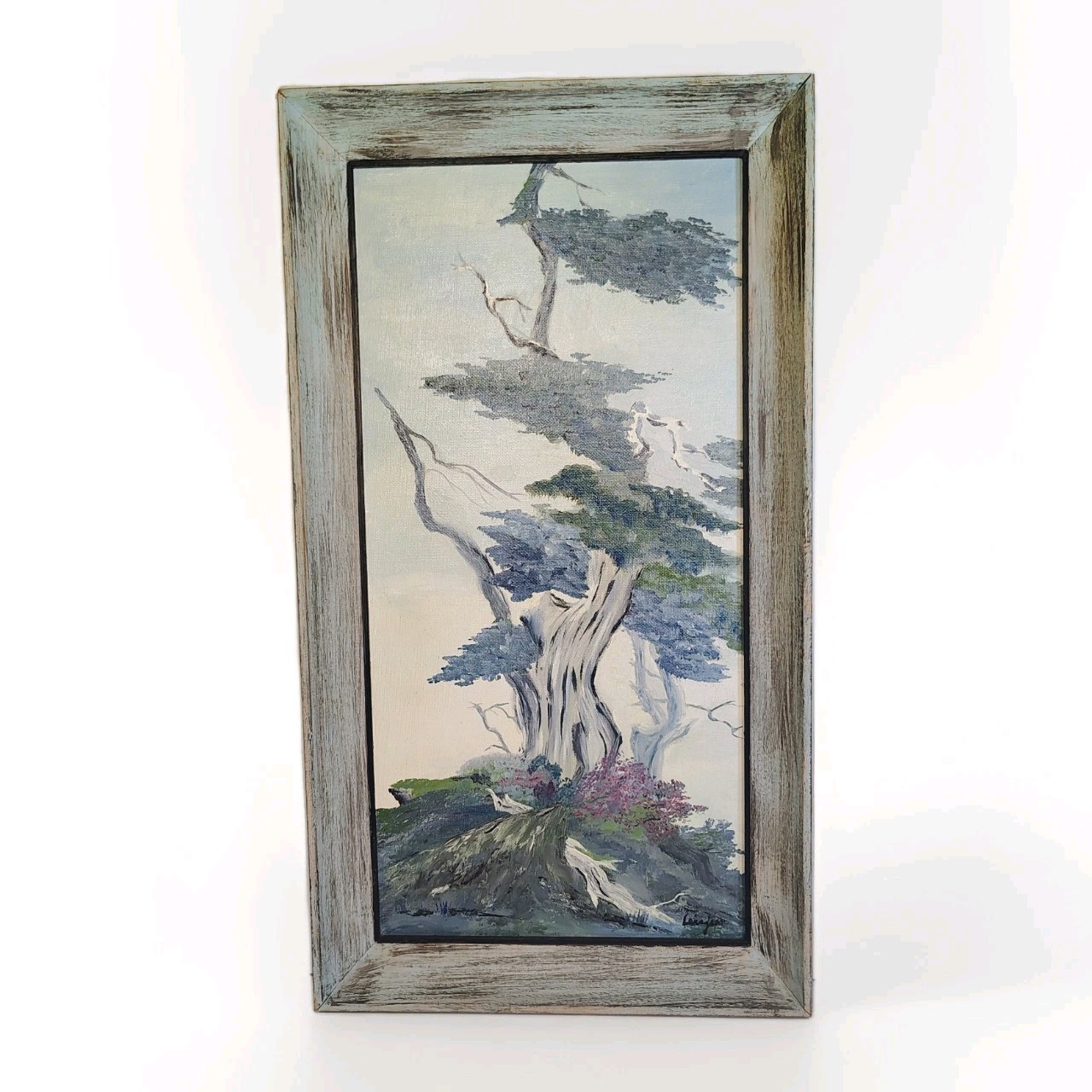 Mid-century Oil Painting Cypress Tree 8″x 16″ in Framed Panel Signed Schlegel