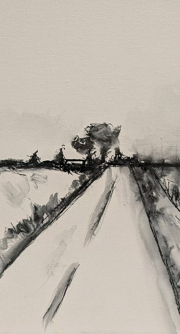Original Abstract Minimal Ink Landscape Painting By K.A.Davis » Lonely Road «