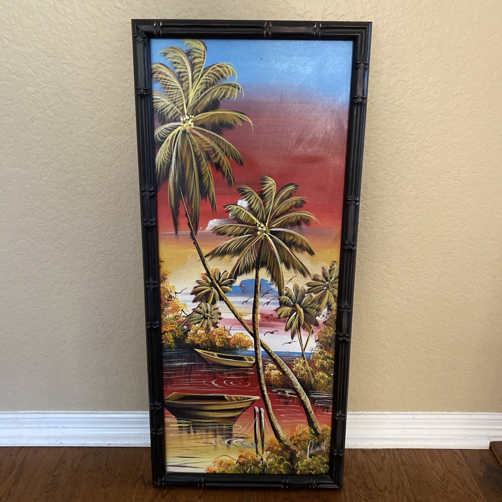 Vintage Style Tropical Sunset Oil Painting, Faux Bamboo Frame” 13×31.5