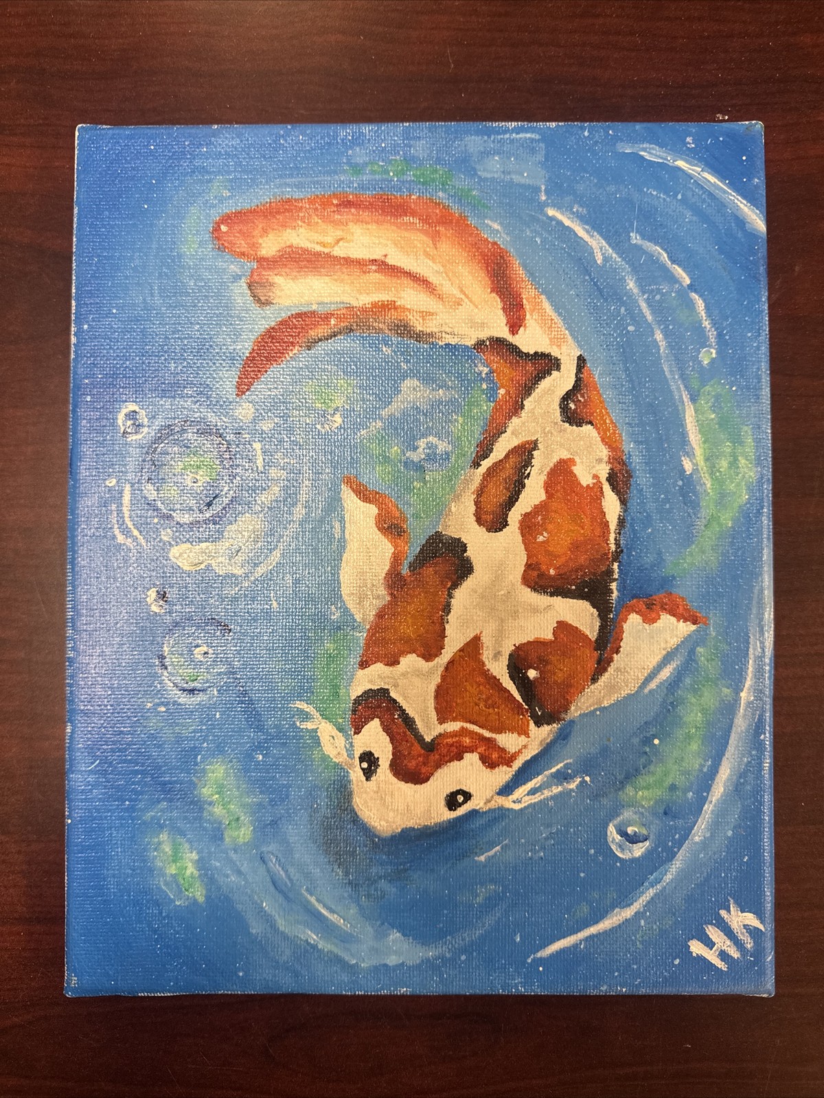 Koi Fish Hand Painted Signed (HK) !!Small Cut On The Painting!! 8×10