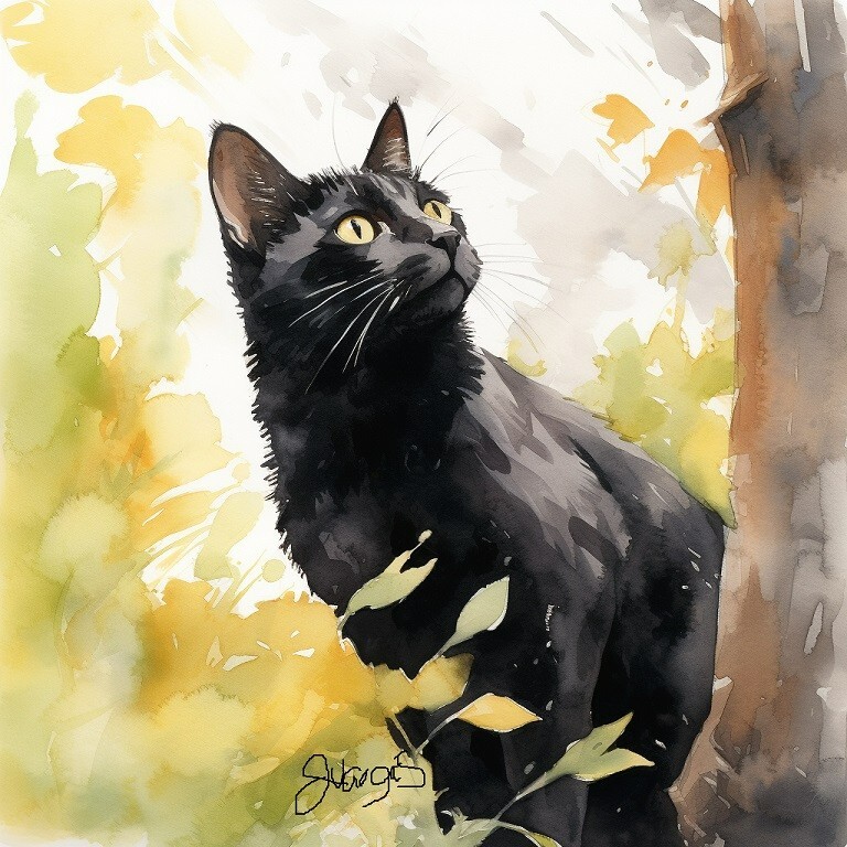 Watercolor Black Cat Painting Art Print 8×11 inches