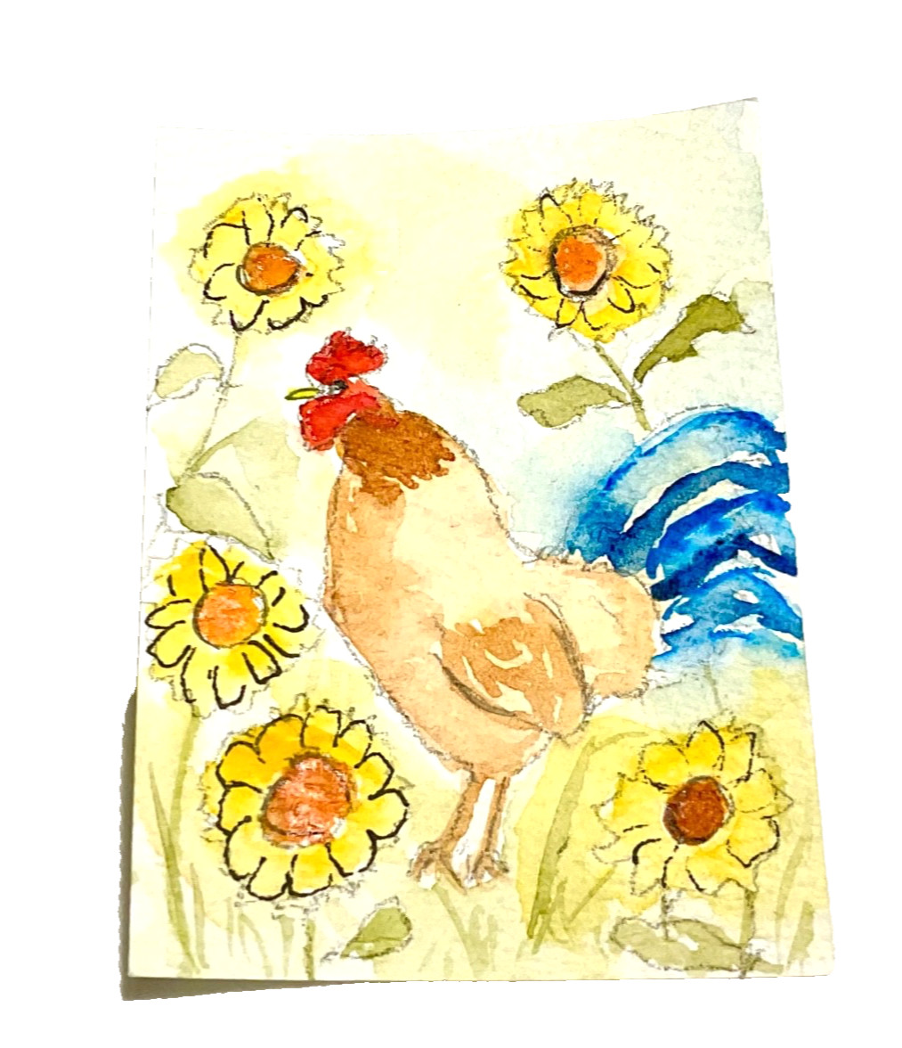 ACEO original chicken sunflower farm series 1/5 ATC OOAK Cherie Donnell