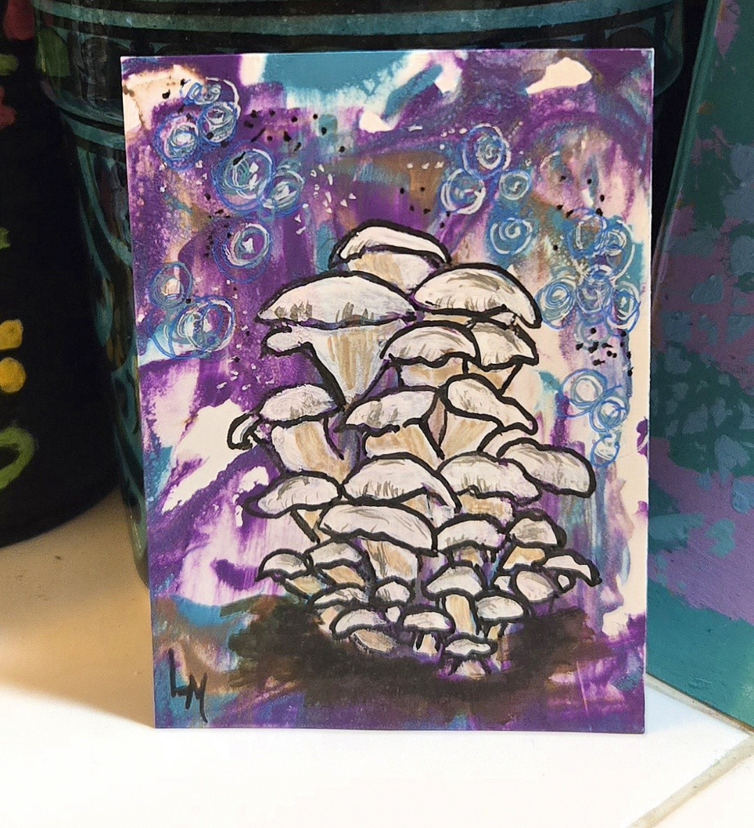 ACEO Original Art Painting Mushrooms in Magic Abstract Woods Purple OOAK ATC