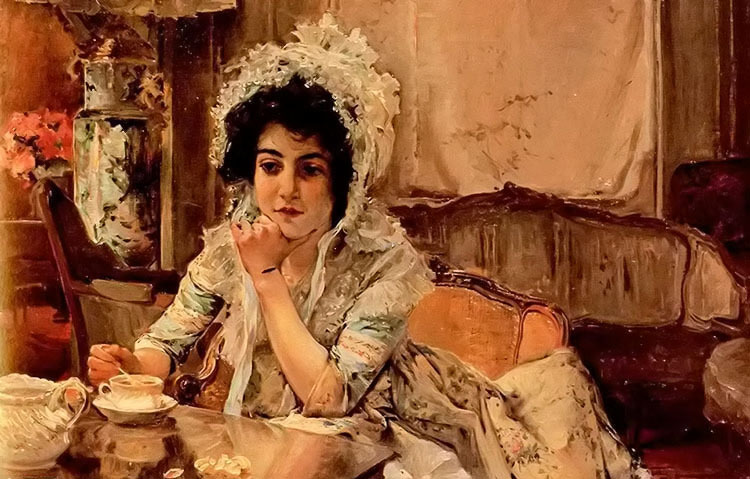 Ｏｉｌ　ｐａｉｎｔｉｎｇ emilio sala y frances – tea time young woman’s happy life on canvas