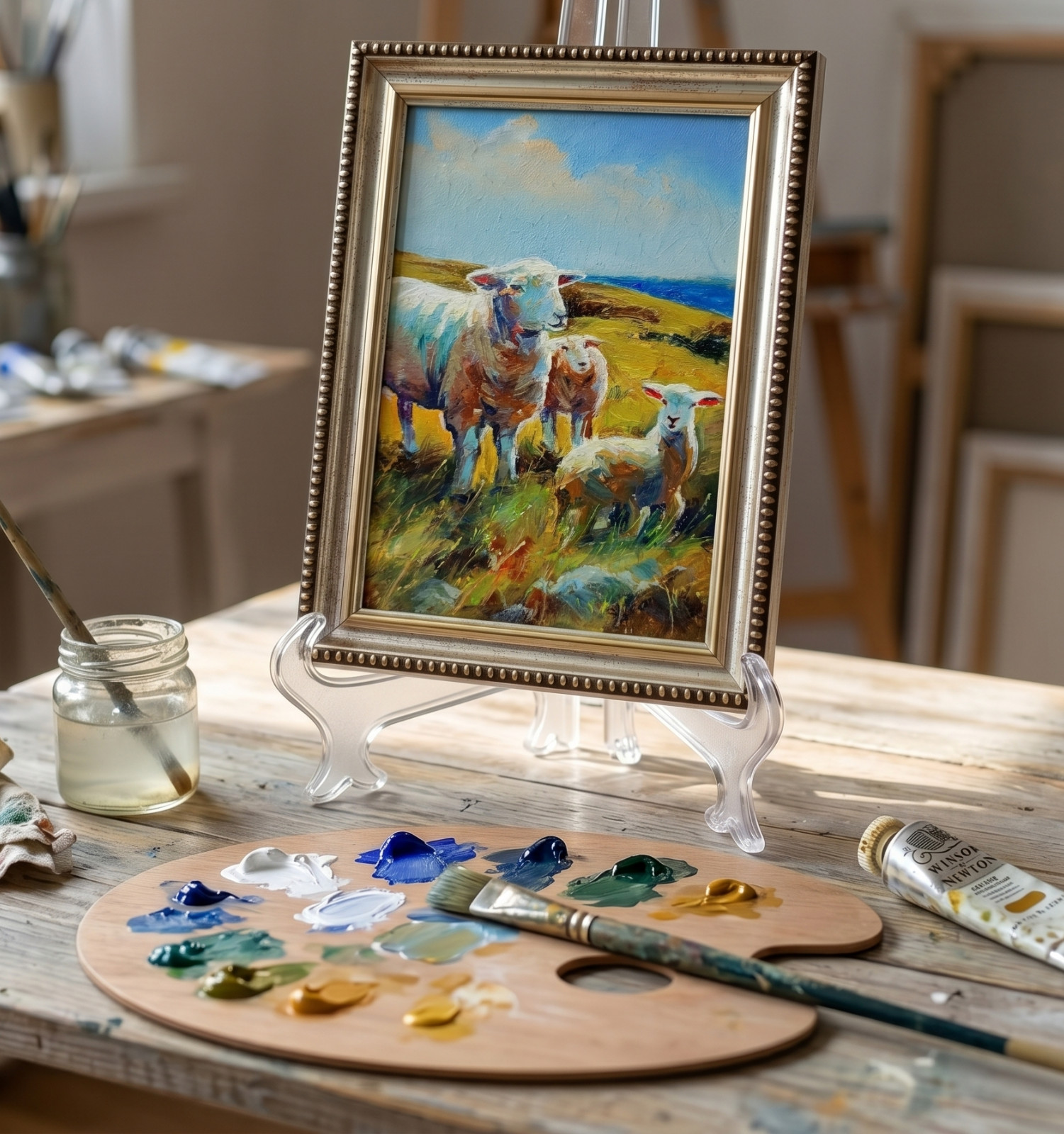 Sheep Original Oil Painting 4×6 Framed Signed Cute Lamb Farmhouse Landscape Art