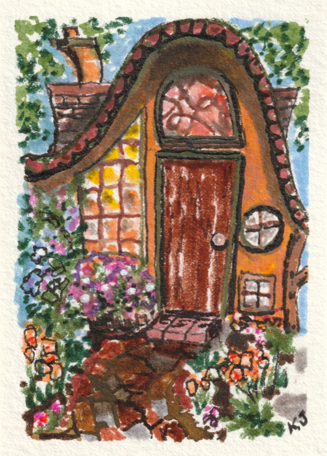 ACEO Original Woodland Cottage Fae Forest House Watercolor Painting by K Jackson