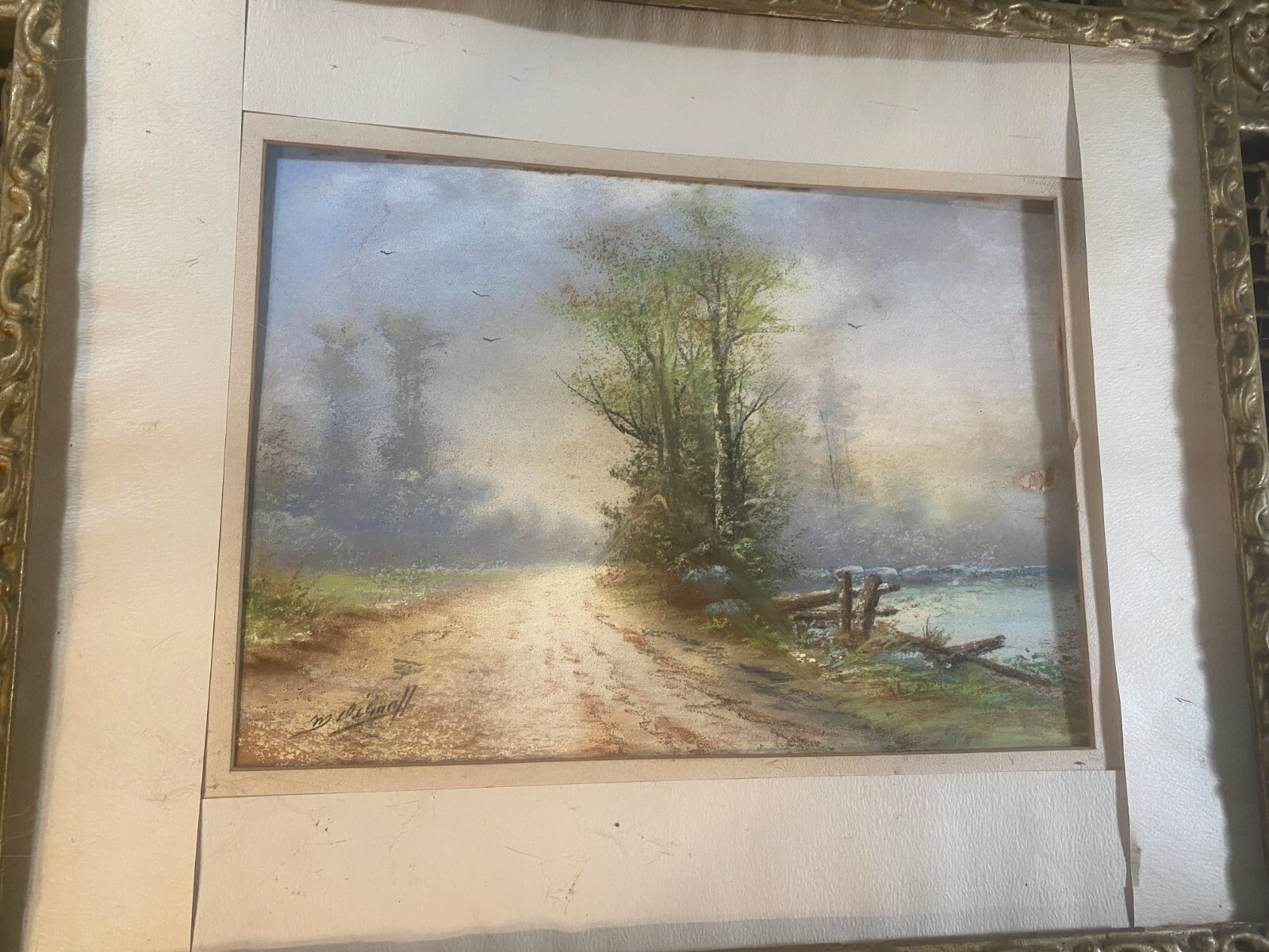 Antique M DeGraff «Landscape With Path And River» Pastel Painting -Signed/Framed