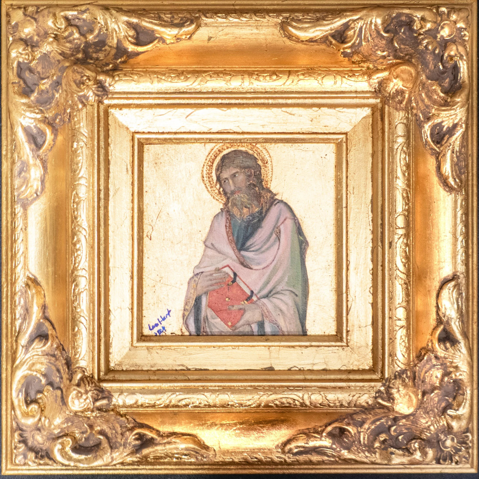 Hand Painted Saint Andrew Oil Painting on Wood Panel Gilded Ornate Frame 12×12