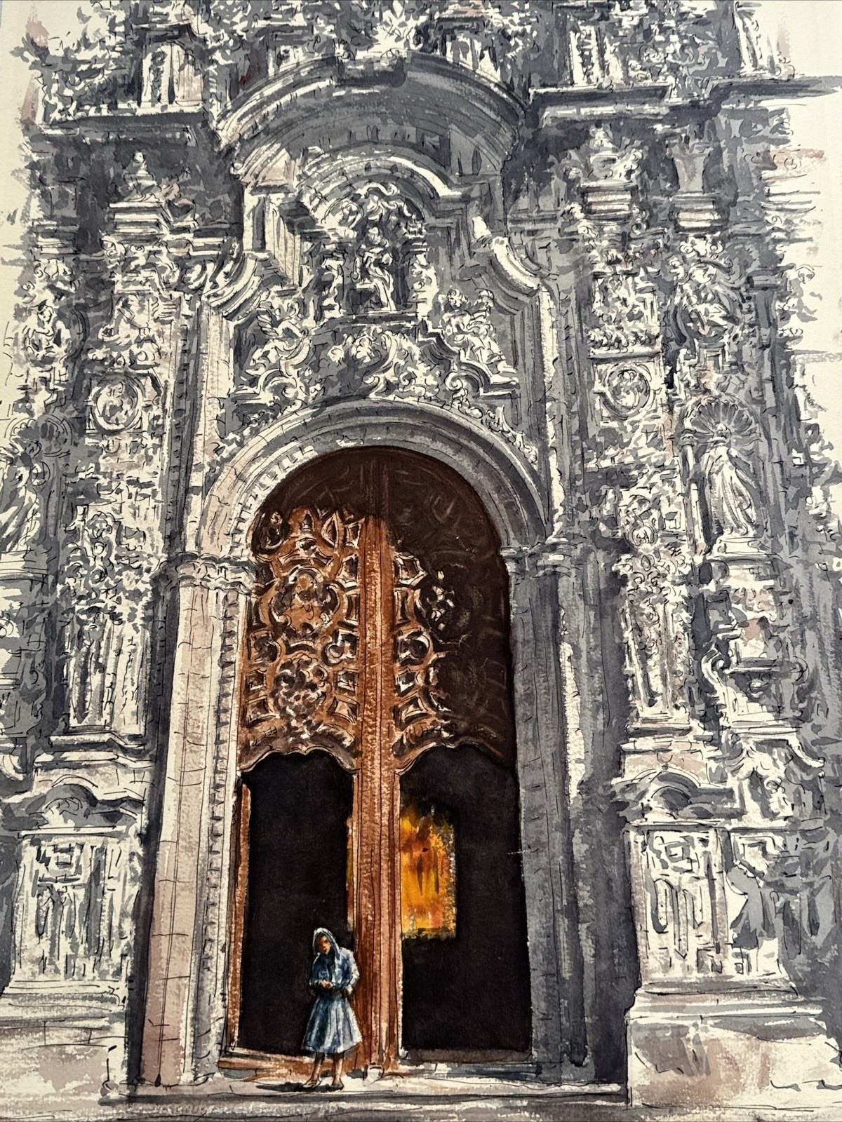 MUSEUM QUALITY PAINTING ARCHITECTURAL SOUTH AMERICA CHURCH MAURICE SILBER 1970