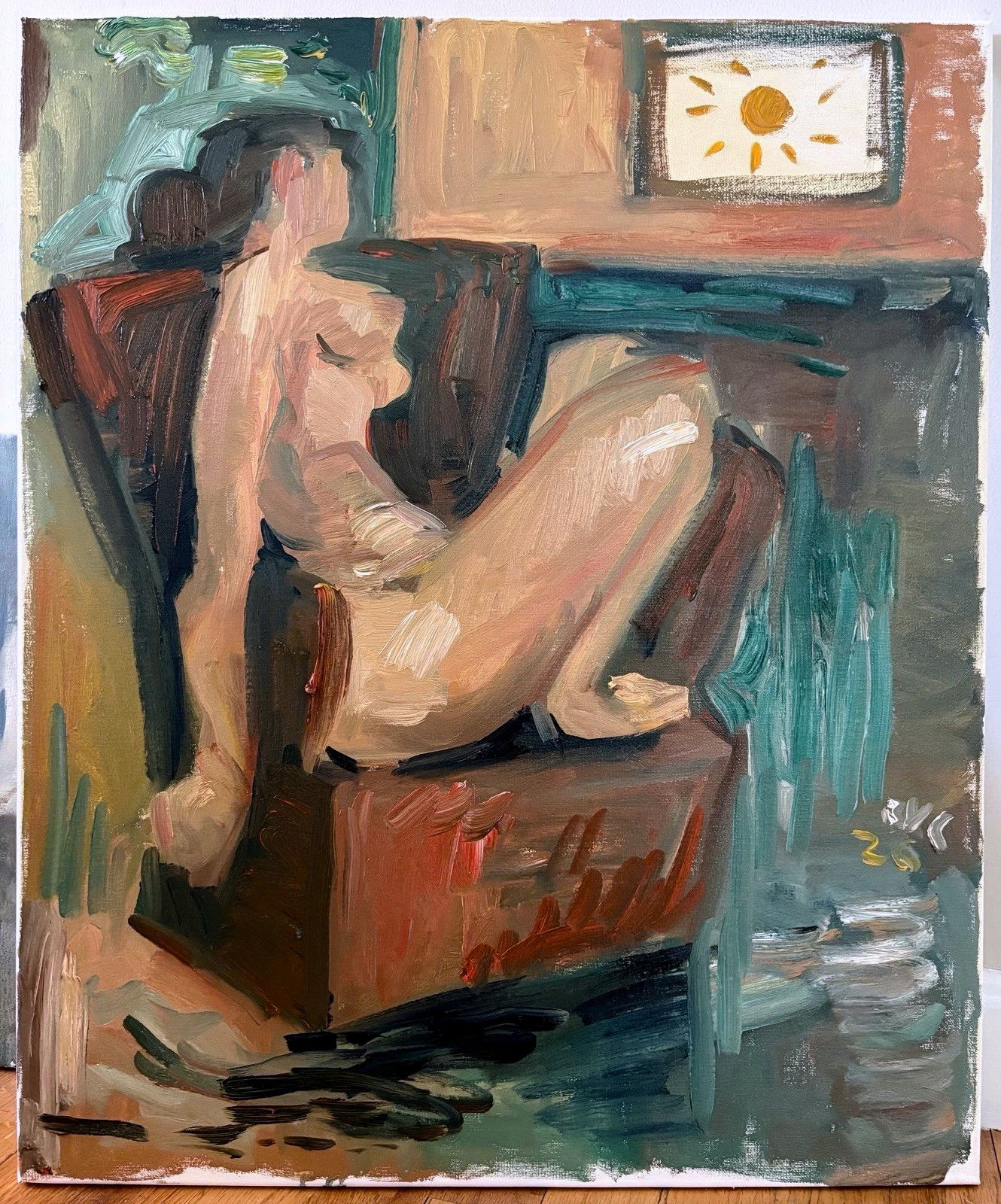 20”x24” Figure In Interior Cubist Surrealism Oil Painting Original Signed