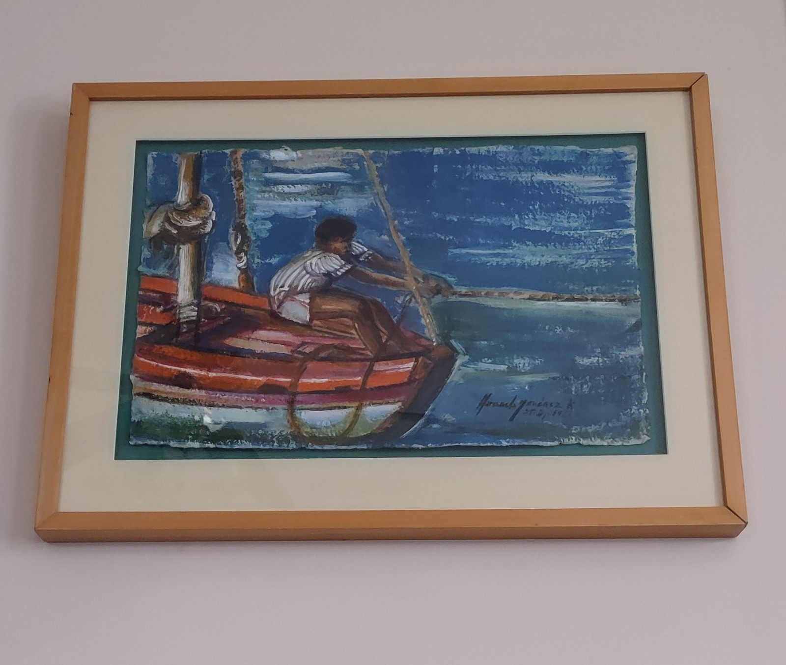 Vibrant Vintage (1968) Dominican Republic Fisherman Painting, Signed, 17″X 23″