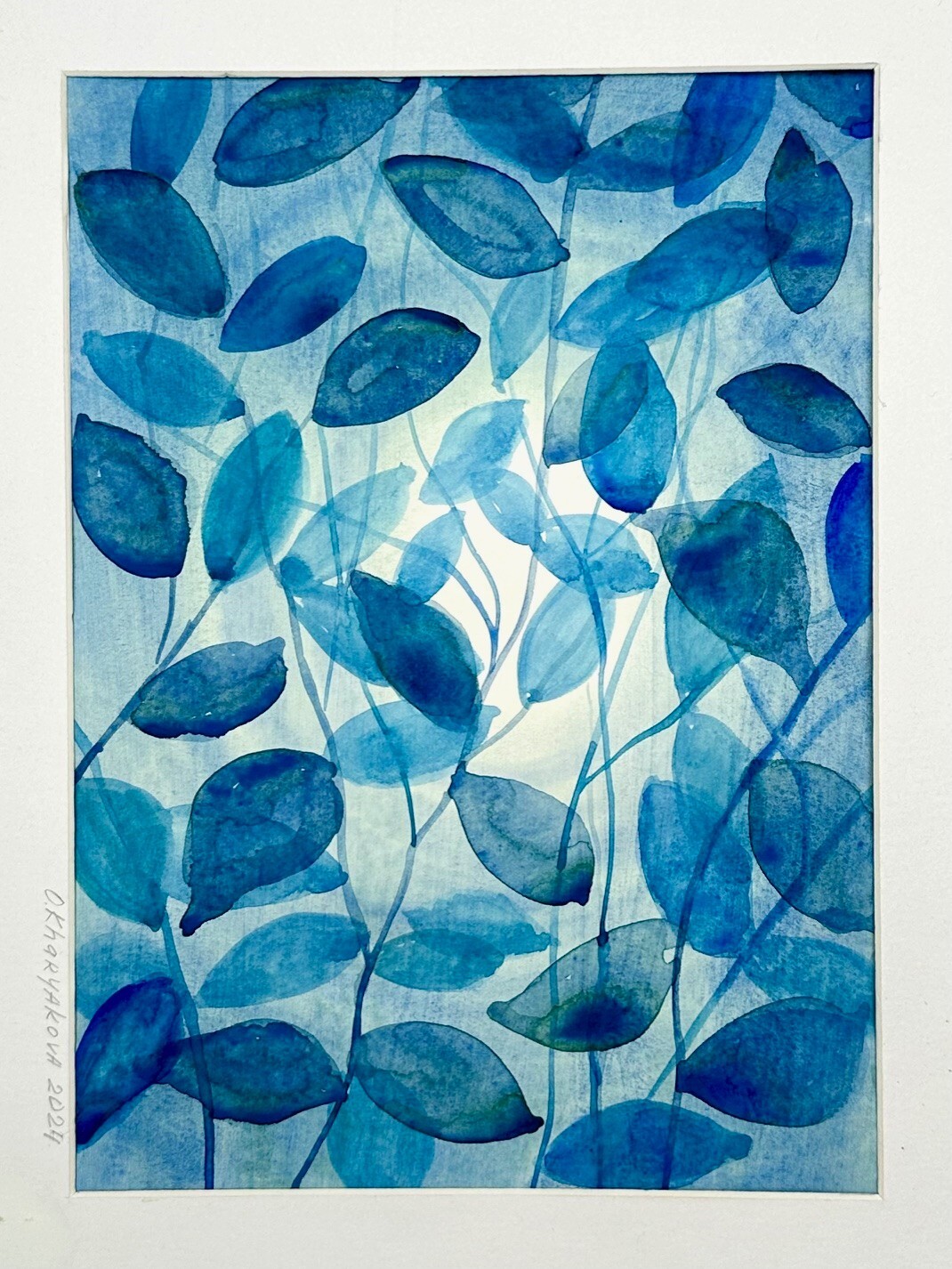Original Watercolor Painting A4 Pattern of blue leaves decorative pattern