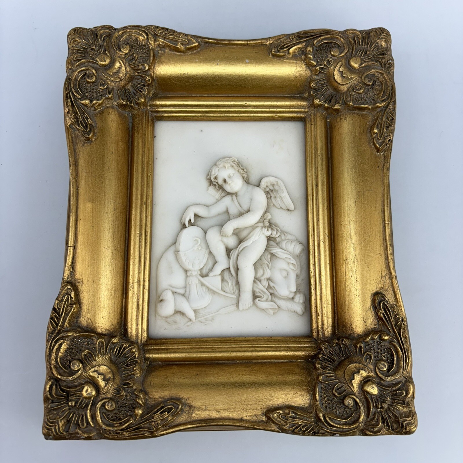 Biggs & Sons London Alabaster High Relief Cherub￼ Gold Gilt Framed Sculpture