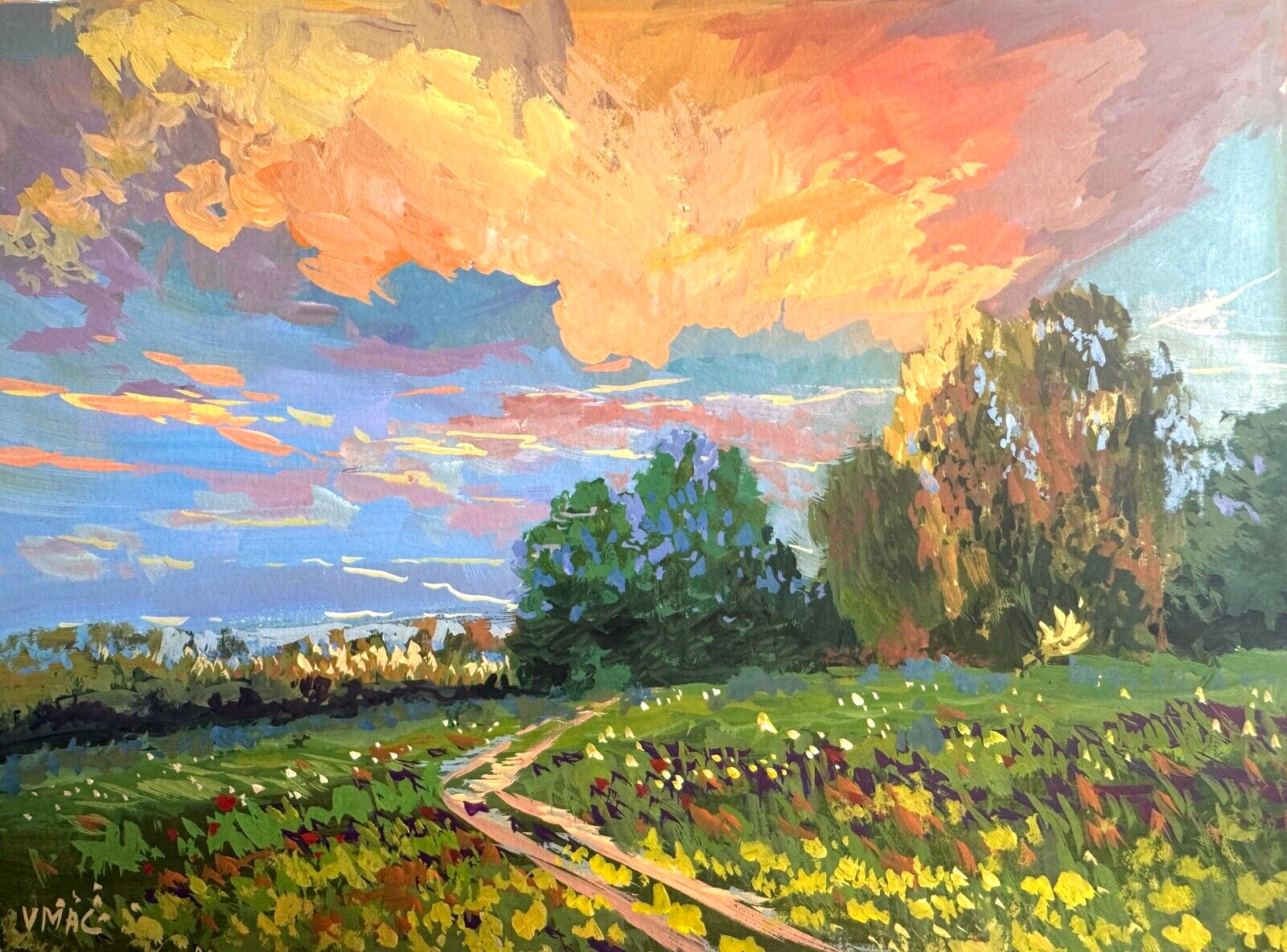 Original Landscape Painting Signed Nature Fields Impressionism Collectible Art
