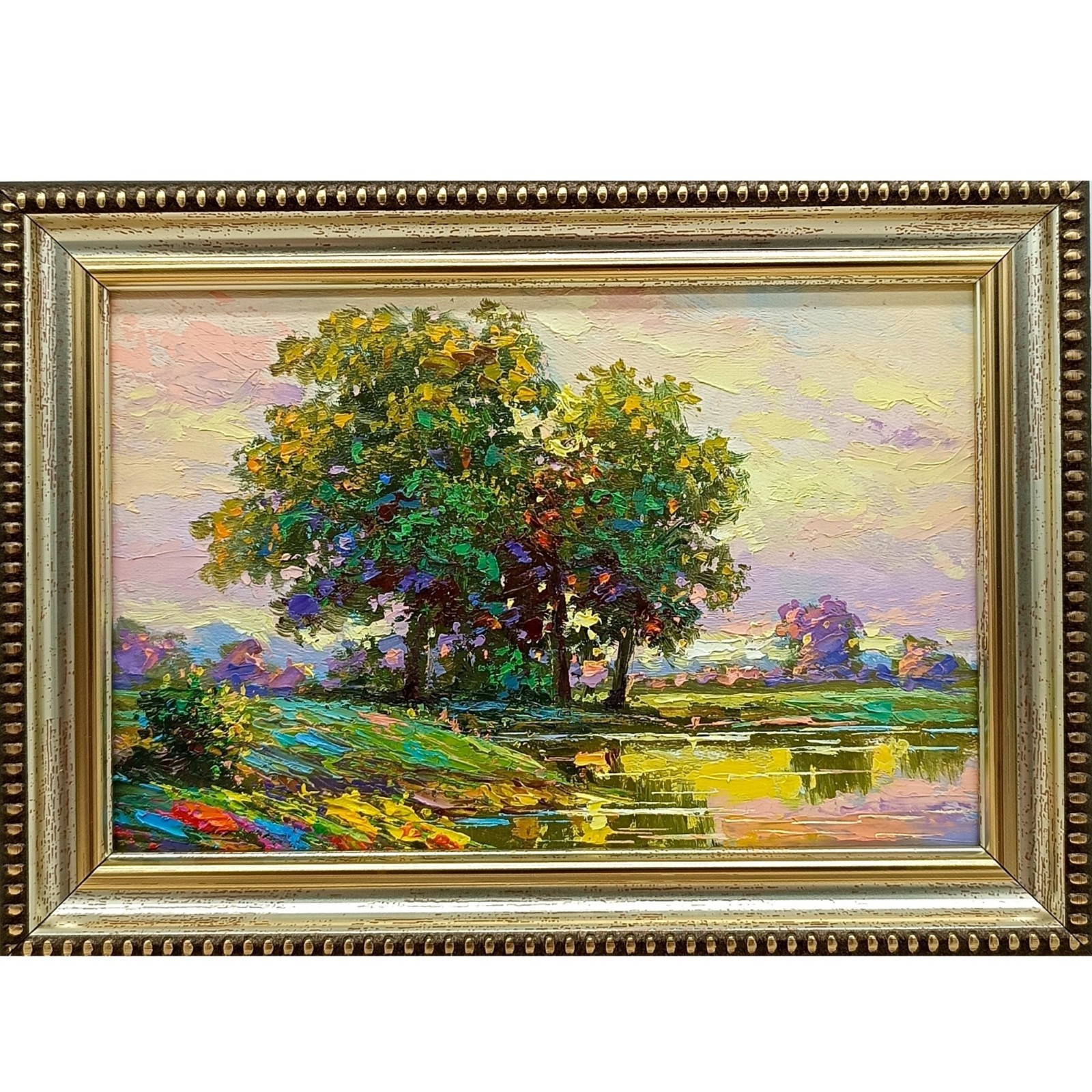 Summer River Original Oil Painting 6×4 Framed Signed Lake Landscape Nature Art