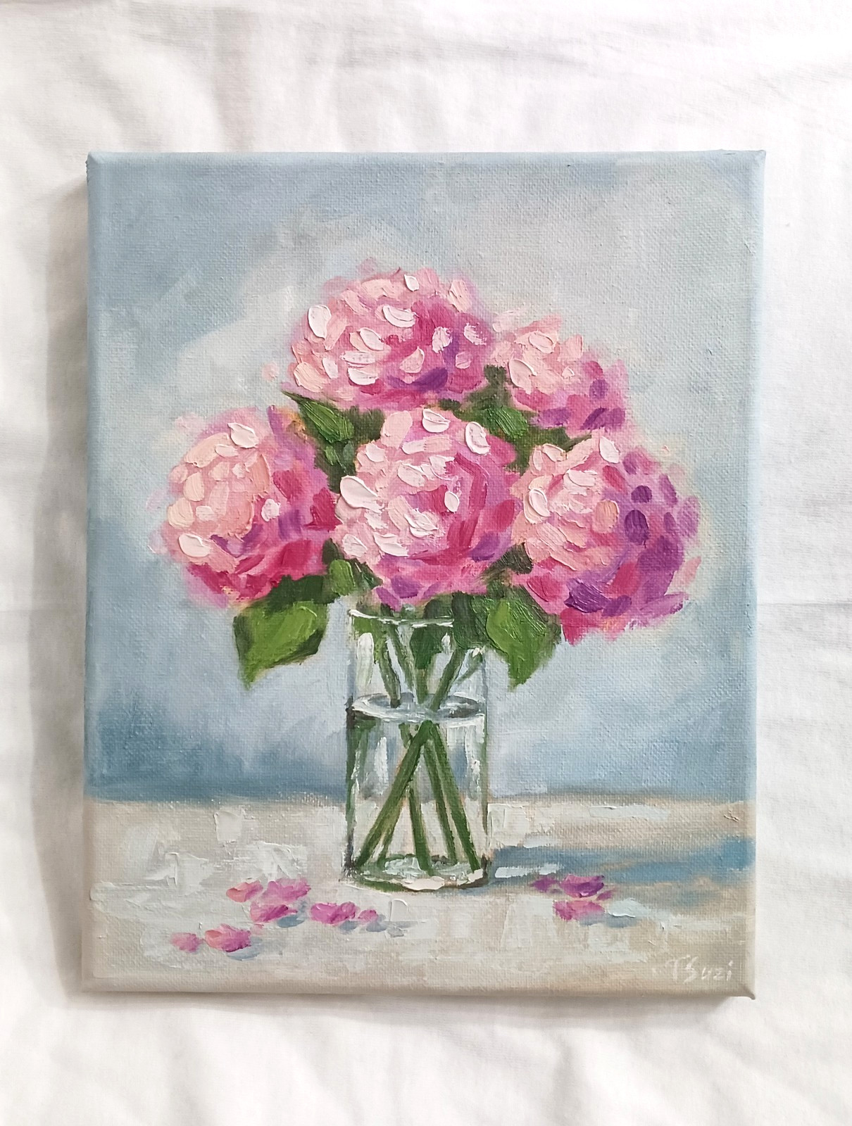 Pink Hydrangeas ORIGINAL Oil Painting Flowers in Vase Fine Art 8″x10″