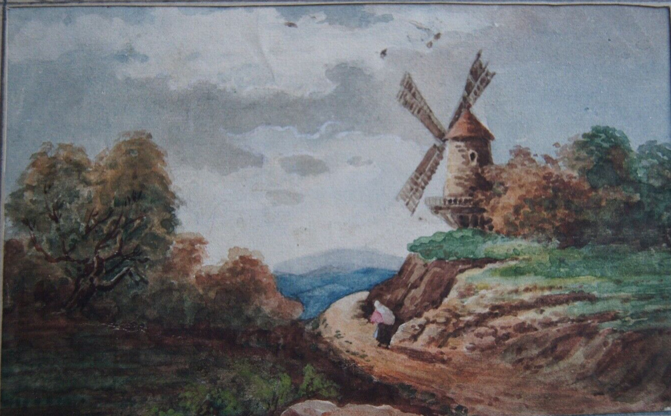 WATERCOLOR/ MIXED TECHNIQUE WINDMILL ON SLOPE FOREST PANORAMA ORIGINAL 1900-1924