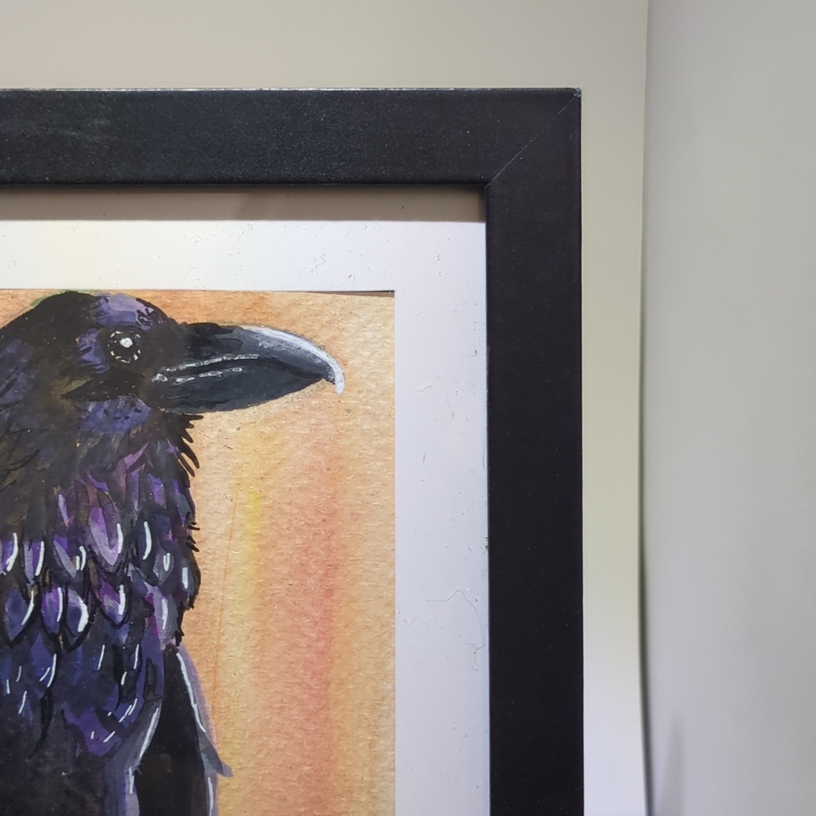 Ammy Original Fish Crow on Pine Tree Goache painting framed bird art